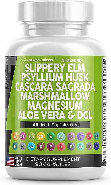 Slippery Elm 5000mg Psyllium Husk 2000mg Pre Probiotic Digestive Gut Health Supplement with Aloe Vera Cascara Sagrada 2000mg Marshmallow Root DGL Licorice Senna Extract Magnesium - Made in USA 90 Ct