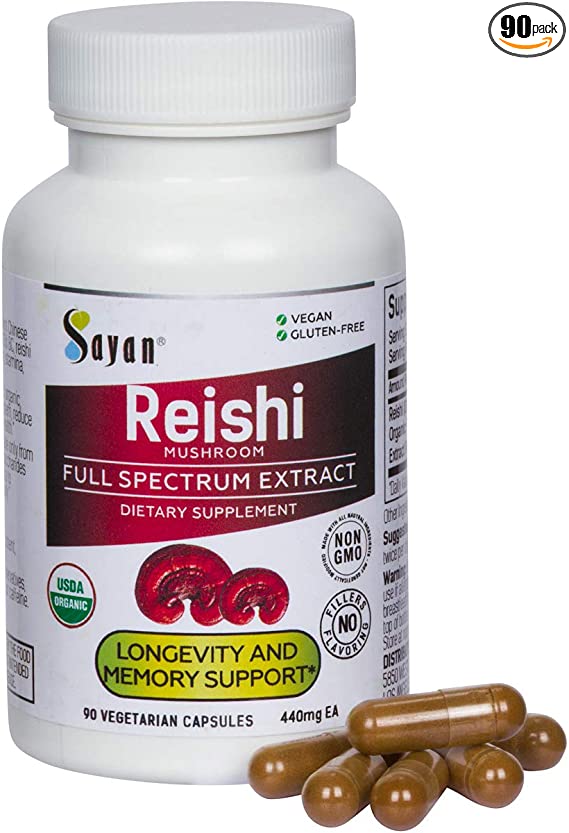 Sayan Reishi Mushroom Extract Capsules - 90 Vegan Caps USDA Organic, Pure No Fillers - Helps Lower Fatigue, Boost Wellness, Energy Level, and Immune Defense - Heart Health Support Supplement