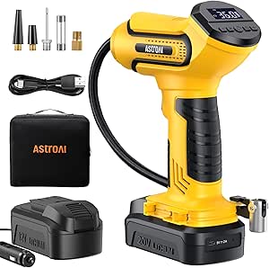 AstroAI Tire Inflator Air Compressor Cordless Car Tire Pump with 20V Rechargeable Li-ion Battery 150 PSI Portable Handheld Air Pump with 12V Car Power Adapter for Motorcycles LS40791（C1） Light Yellow