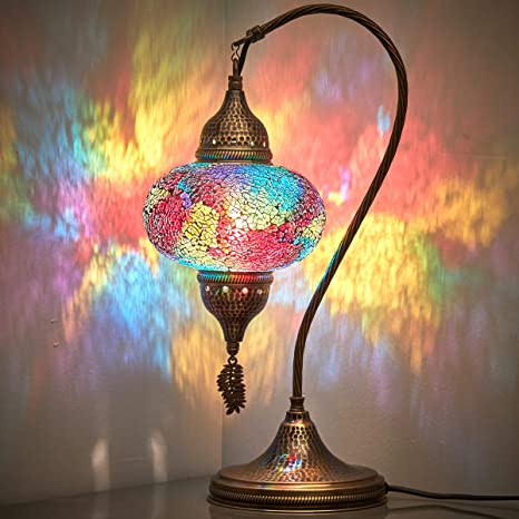 (18 Variations) CopperBull 2020 Turkish Moroccan Tiffany Style Handmade Colorful Mosaic Table Desk Bedside Night Swan Neck Lamp Light Lampshade, 19"