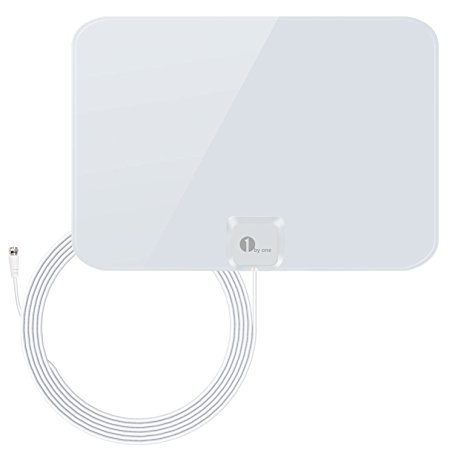 1byone 35 Miles Super Thin HDTV Antenna with 20ft High Performance Coax Cable, Shiny White