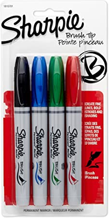 Sharpie 1810701 Brush Tip Permanent Marker, Assorted Colors, 4-Pack