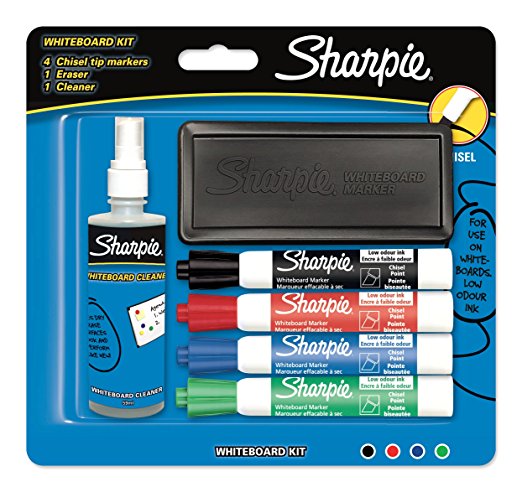 Sharpie Whiteboard Marker Bullet Tip - Assorted Colours (Pack of 4 with Eraser and Cleaner)