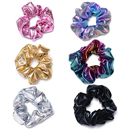 ACCGLORY Shiny Scrunchies Metallic Hair Bands Elastic Hair Ties Set Glitter Ponytail Holder Soft Scrunchy for Women and Girls(6 Pack Hair Scrunchies)