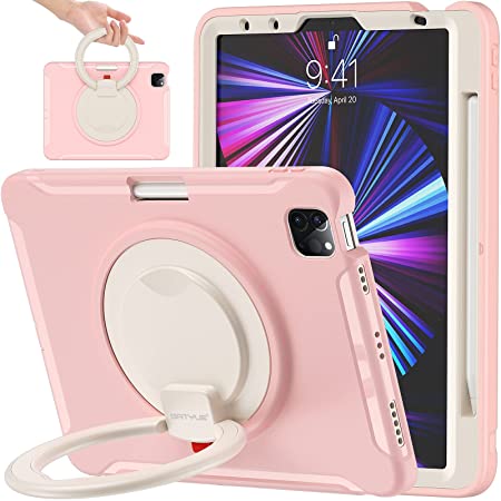 BATYUE iPad Air 5th/4th Generation Case 10.9" inch 2022/2020, iPad Pro 11 inch Case 2021/2020/2018, with 360° Swivel Stand/Hand Grip/Pencil Holder, Shockproof Rugged Case (CheeryPink)