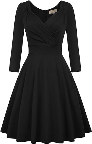 GRACE KARIN 3/4 Sleeve Flared Wrap V-Neck Swing Dress Cocktail Wedding Guest Party Dress for Women