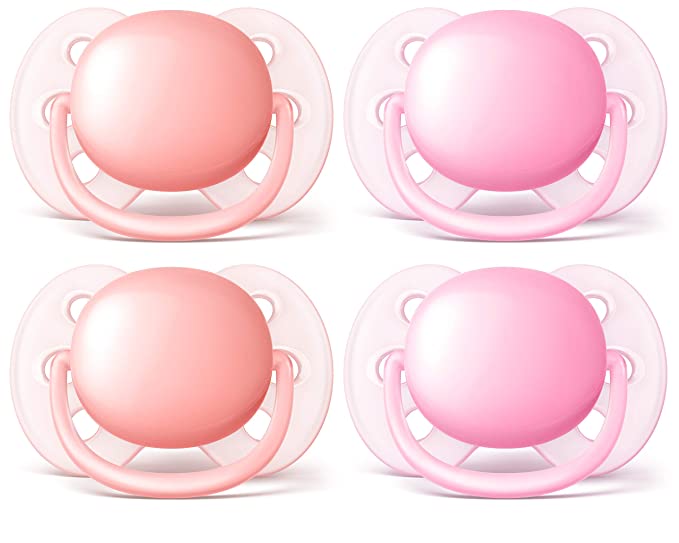 Philips AVENT Ultra Soft Pacifier, 0-6 Months, Pink/Peach, 4 Pack, SCF213/40