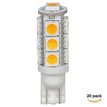 HERO-LED T10WG13T-WW 12V DC T10 Wedge 194 921 168 Ultra Bright 13-LED 5050 SMD LED Bulb, 20-Pack, Warm White / Soft White 3000K