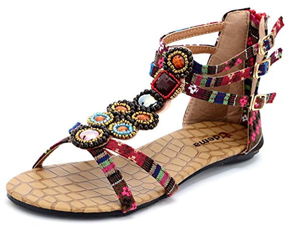 Odema Womens Summer Flat Sandals Bohemian Beads Coin Back Zip Thong Dressy Sandals Size 4.5-9