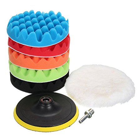 MATCC 7Pcs 6 Inch Polishing Pads,Sponge and Woolen Polishing Waxing Buffing Pads Kits with M10 Drill Adapter 6 Inchs