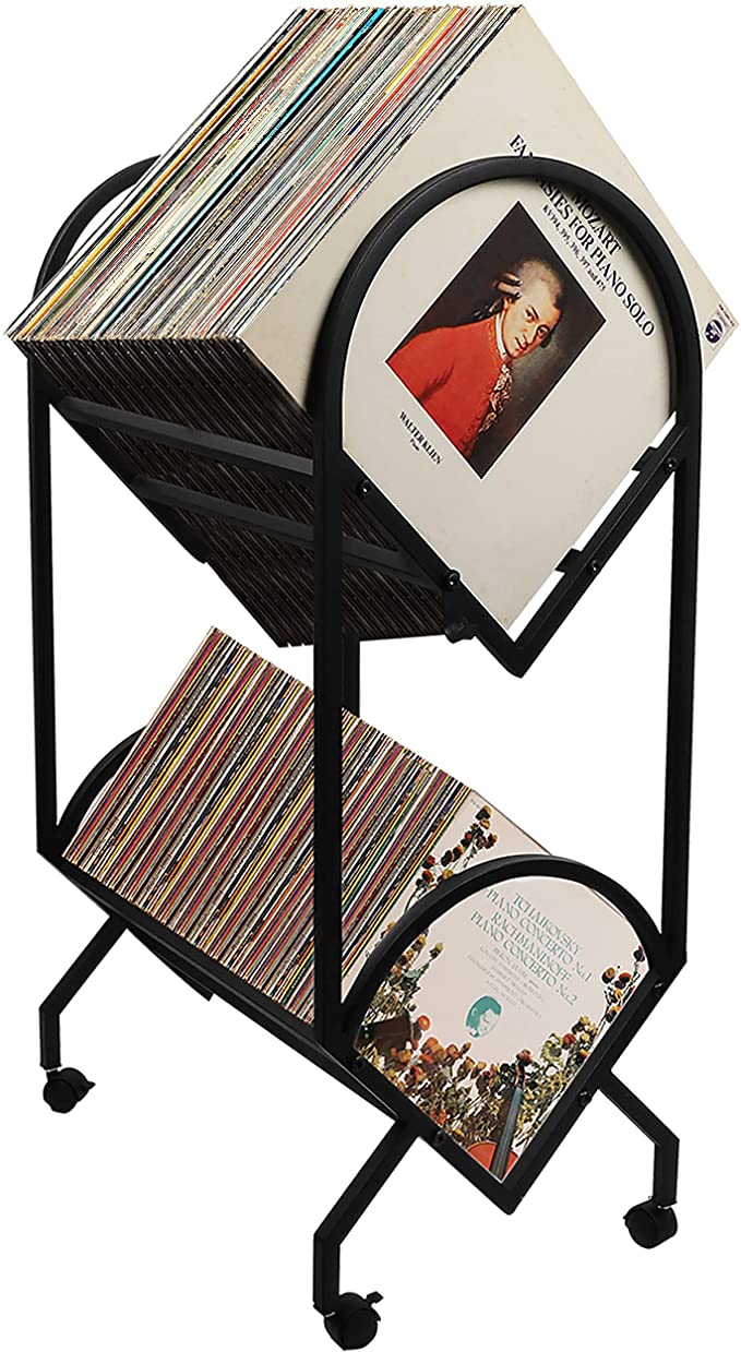 euway Vinyl Record Storage Holder for Albums, Record Rack, Furniture Shelf Organizer, Display up to 200 Vinyls, with Wheels Hooks and Anti-Skid Clasps