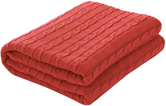 uxcell Cotton Cable Knit Throw Blanket Super Soft Throw Couch Covers Knitted Blankets for Sofa Bed, Orange Red Throw 47 inches x 70 inches