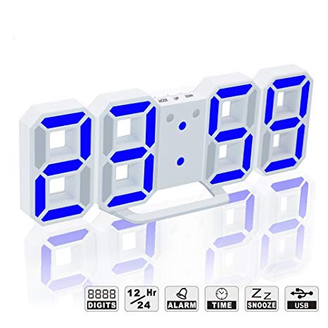 LED Digital Alarm Clock For Desk / Shelf / Tabletop, Modern Home Decoration 3D Wall Clock, Easy To Read at Night, Loud Alarm and Snooze, Big Digit Display (White Frame, Blue Light)