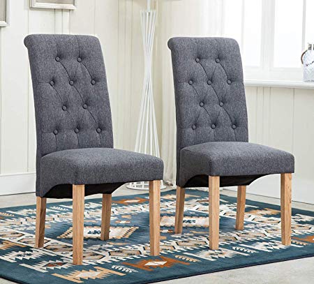 Enjoy Set of 2 Dark Grey Fabric Linen Dining Chairs Roll Top Scroll High Back With Buttons