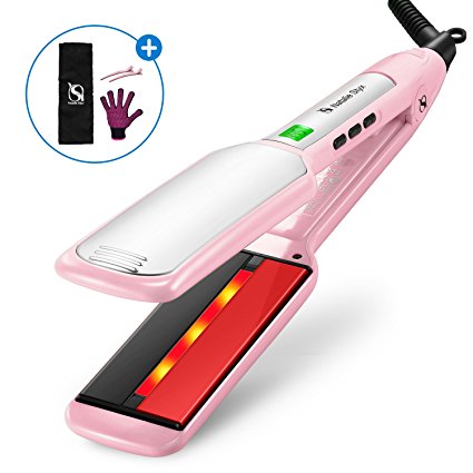 Natalie Styx Infrared Flat Iron, Professional Hair Straightener Straight Iron with Ceramic Titanium Plates, Dual Voltage, Fast High Heat 445F - Include Pouch, Clips (5 Inch, Pink)