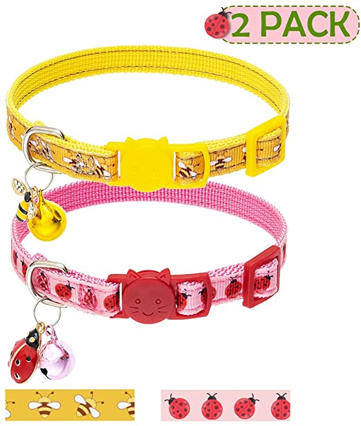 EXPAWLORER Cat Collar - 2 Pack Cute Bee & Ladybird Pattern Adjustable Collars Breakaway with Bell