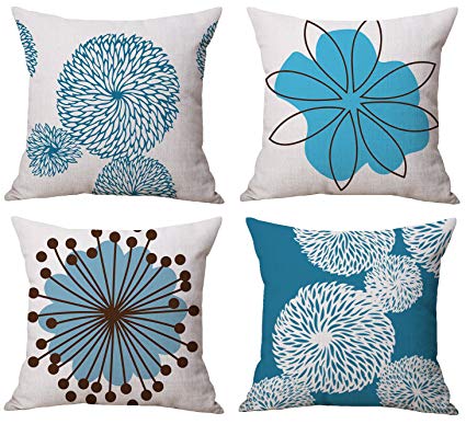 BLUETTEK Modern Simple Geometric Style Cotton & Linen Burlap Square Throw Pillow Covers, 18 x 18 Inches, Pack of 4 (Blue & White Flower)