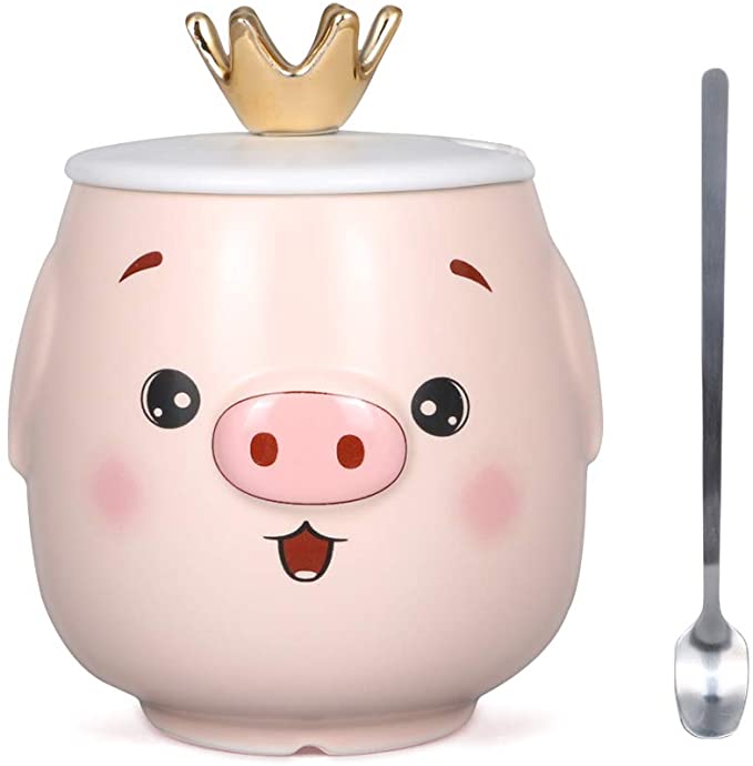 Teagas Funny Pink Pig Mug Cute Ceramic Coffee Tea 1 Mug with Lid and Spoon for Women Gift for Thanksgiving and Christmas Pig Smile Mug 15oz
