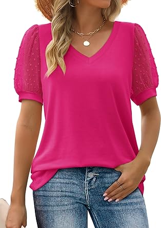 Aokosor Womens Summer Tops V Neck T Shirts Swiss Dot Puff Sleeve Tops Loose Casual Tshirts