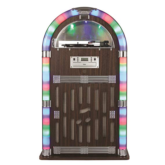 iTek Floorstanding Jukebox with Record Player, Bluetooth Connectivity, FM Radio, CD Player and Colour-Changing LED Lights