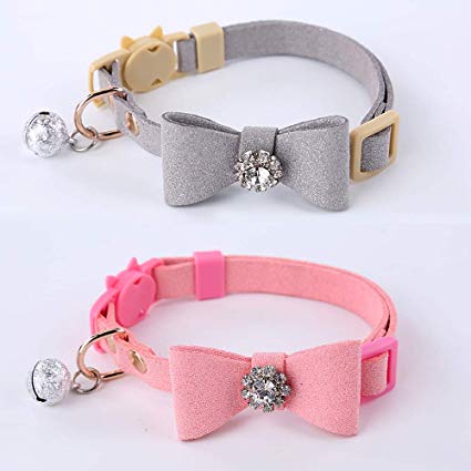 GOPET Adjustable Cat Collar Set Breakaway with Diamonds Bowtie Bell for Puppy Kitten (2 Pack)