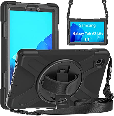 ZenRich Galaxy Tab A7 Lite Case 8.7", SM-T225/T220 Case with S Pen Holder zenrich Shockproof Rugged Case with Stand Hand Strap and Shoulder Belt for Galaxy Tab A7 Lite 8.7 inch 2021-Black