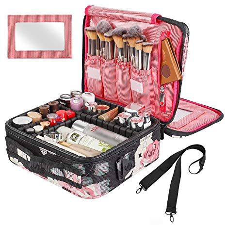 Kootek Travel Makeup Bag 2 Layer Portable Cosmetic Case Organizer Train with Mirror Shoulder Strap Adjustable Dividers for Cosmetics Makeup Brushes Toiletry Jewelry Electronics Accessories, Flower