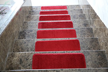 Ottomanson Softy Solid Set of 7 Skid Resistant Rubber Backing Non Slip Carpet (9"x26") Stair Tread Mats 7 Piece Set 9 inch by 26 inch, 7 Pack, Red