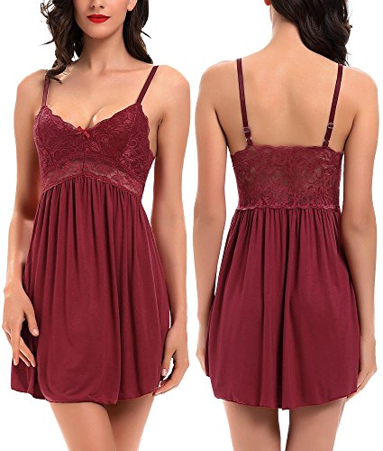Women Lace Lingerie Sleepwear Chemises V-Neck Full Slip Babydoll Nightgown Dress