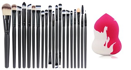 BeautyKate 20 pcs Longer Pro Makeup Brushes Set Soft Synthetic Full Cosmetic Brush Sets (Black)   1 pcs Water-loved Makeup Blender Sponge Puff
