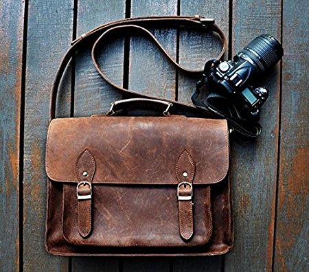 FeatherTouch Genuine Leather Camera Bag Messenger Bag Camera Case Leather Bag Dslr Padded Camera Bag 15X10X6 Inches Brown