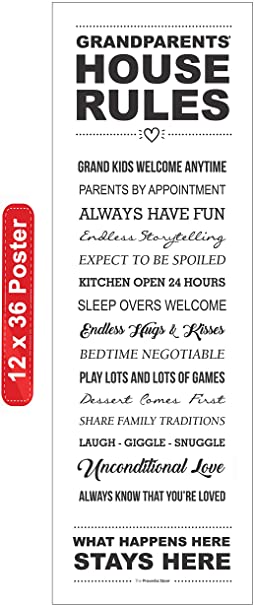 Grandparents House Rules Home Wall Art Print Décor (12 x 36) | Birthday Gifts For Grandmothers Grandfathers From Granddaughter or Grandson | Brag Funny UNFRAMED Board Sign Poster Sayings (1 Poster)