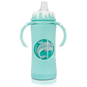 GoGlass Glass Baby Bottle 10 oz (Blue), Full Silicone Sleeve, Sippy Cup Spout and Nipple Included, BPA Free - Best Feeding Bottles For Preemie, Newborns, Infants, and Toddlers