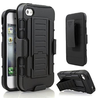 STARSHOP Dual Layer Hybrid Kickstand and Locking Belt Swivel Clip Holster Case with Screen Protector for Apple iPhone 4 - Black
