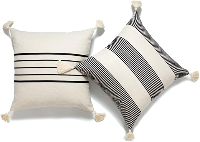 Hofdeco Moroccan Tassel Neutral Decorative Pillow Covers ONLY, Beige Gray Stripes, 18"x18", Set of 2