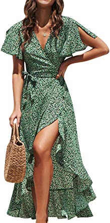 Simplee Women's V Neck Wrap Polka Dot Split Belted Flowy Boho Short Sleeve Beach Maxi Dress