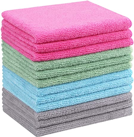 Gryeer Microfiber Cleaning Cloths, Soft and Lint Free Towels for Home, Kitchen, and Auto, 13 x 13 Inch, (12 Pack, Gray, Blue, Green, Pink)