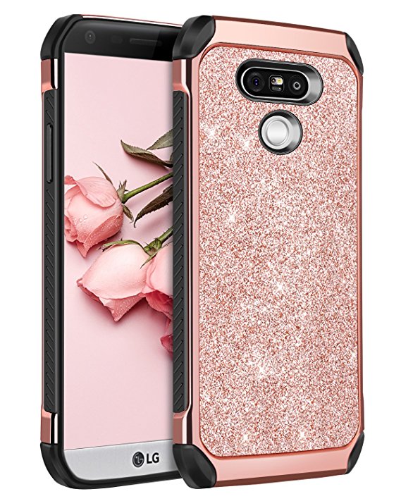 BENTOBEN Case for LG G5, Shockproof Anti-scratch Glitter Bling Luxury Dual Layer Girl Women Hybrid Hard PC Laminated Glitter Sparkly Shiny Faux Leather Protective Case for LG G5 (2016), Rose Gold