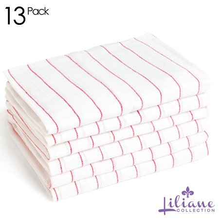 Glass Towels by Liliane Collection - 13 units - 16" x 27" Commercial Grade 100% Cotton Kitchen Towels - Classic Glass Drying Dish Towels in White with Red Stripes - No Streaks or Spots on Glasses, Champagne Flutes, Wine Glasses, and Stemware. (Size 16" x 27")