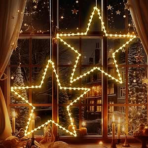 Quntis Christmas Window Lights with 2 Pack 19.6in Large Star, Battery Operated Christmas Curtain Lights with Timer &8 Mode, Foldable Star Lights for Indoor Outdoor Diwali Decorations,Warm White