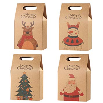 Hemoton 16PCS Christmas Gift Bags Treat Bags Durable Kraft Paper Bags Gift Wrapping Bags Candy Chocolate Cookies Food Storage Bags for Christmas Party