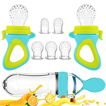 Baby Food Feeder, Fresh Food - 2 Pack Fruit Feeder Pacifier, 5 Different Sized Silicone Teething Pacifiers | 1 Pack Baby Food Dispensing Spoon | Baby Fruit Teether | Baby Feeders Silicone