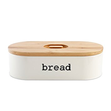 Homelet Bread Box - Vintage Retro Stainless Steel Powder Coated Bread Bin Storage with Bamboo Cutting Board Lid for Kitchen, Cream