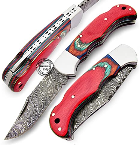Hunting Edge Multi Colour Wood 6.5'' 100% Handmade Damascus Steel Folding Pocket Knife 100% Prime Quality