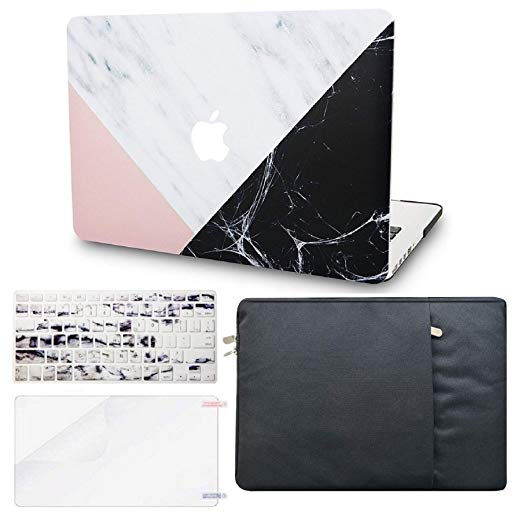 KEC Laptop Case for MacBook Pro 13" (2019/2018/2017/2016, with/no Touch Bar) w/ Keyboard Cover   Sleeve   Screen Protector (4 in 1 Bundle) Hard Shell Case A1706/A1708/A1989 (White Marble Pink Black)