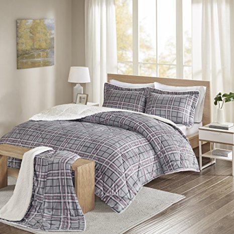 Comfort Spaces - Aaron Sherpa Comforter Set   Throw Combo - 4 Piece - Checker Plaid Pattern - Grey, Red - Full/Queen Size - Ultra Softy, Fluffy, Warm - includes 1 Comforter, 2 Shams, 1 Throw