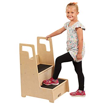 ECR4Kids Reach-Up Step Stool with Support Handles and Non-Slip, Two Step Counter Height Hardwood Stepping Stool for Kids and Toddlers, Natural Finish