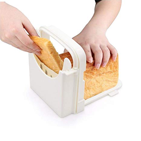 Adjustable Bread Slicer Guide for Homemade Bread Compact Foldable Bagel Loaf Cutter Box 5 Thickness Mold Sandwich Maker Toast Slicing Machine with Crumb Tray (White)