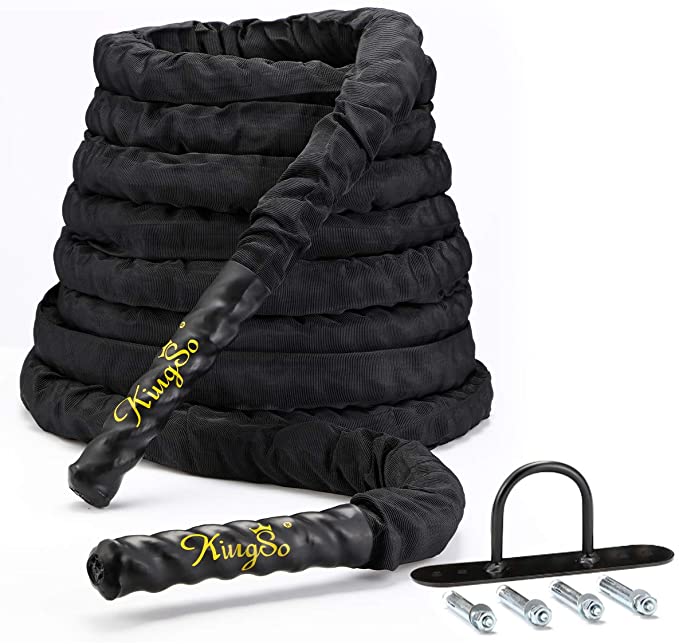 KingSo Battle Rope 1.5 Inch Heavy Battle Exercise Training Rope 30ft Length Workout Rope 100% Dacron Fitness Rope for Strength Training Home Gym Outdoor Cardio Workout, Anchor Included