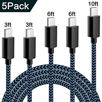 USB C Cable, Type C Cable Fast Charger, WUXIAN Hi-speed USB 3.0 Nylon Braided Cord 5Pack (3ft/3ft/6ft/6ft/10ft) For Samsung Galaxy Note 8 S8 Nexus 6P LG G6 V20 New Macbook and More